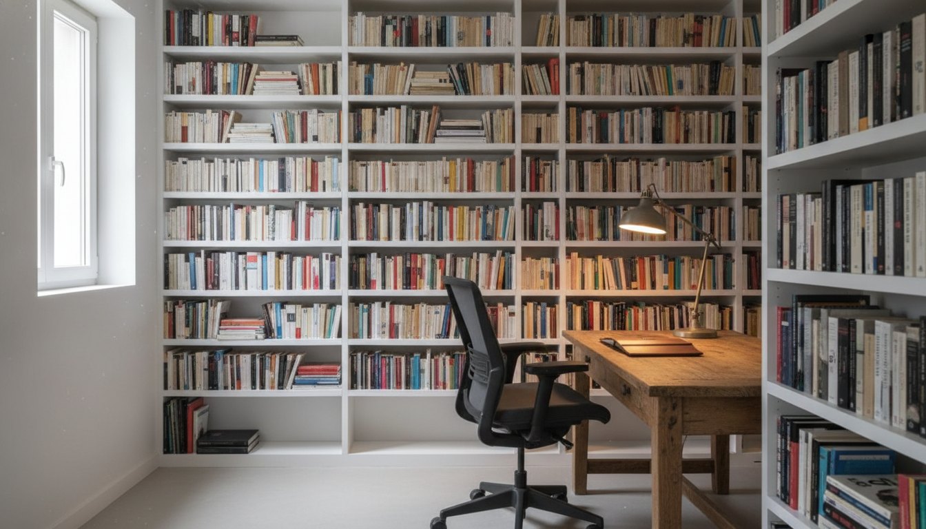 Edícula com paredes brancas, prateleiras repletas de livros, mesa de madeira, cadeira ergonômica e luminária acesa.