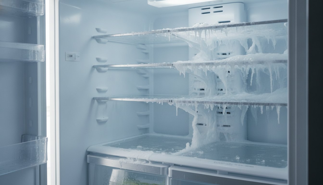 Interior de refrigerador com excesso de gelo acumulado na parede traseira, obstruindo saídas de ar.