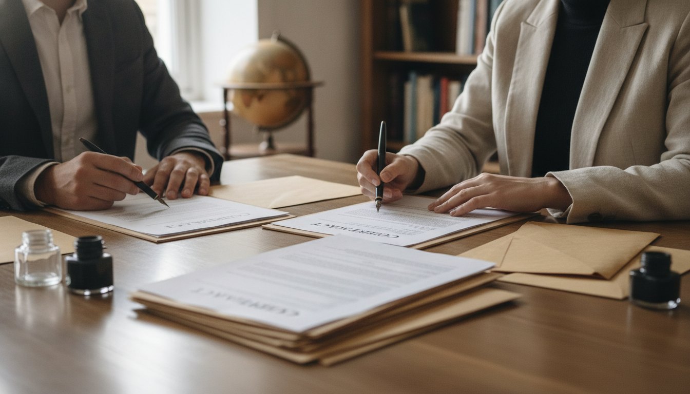 Duas pessoas sentadas à mesa, assinando documentos de papel com caneta tinteiro.