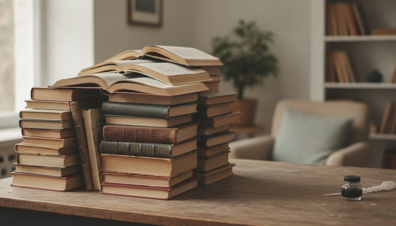 Pilhas de livros antigos e novos sobre uma mesa de madeira em um escritório iluminado.