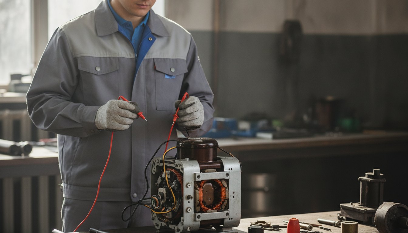 Técnico em uniforme segurando um multímetro diante de um motor de geladeira aberto