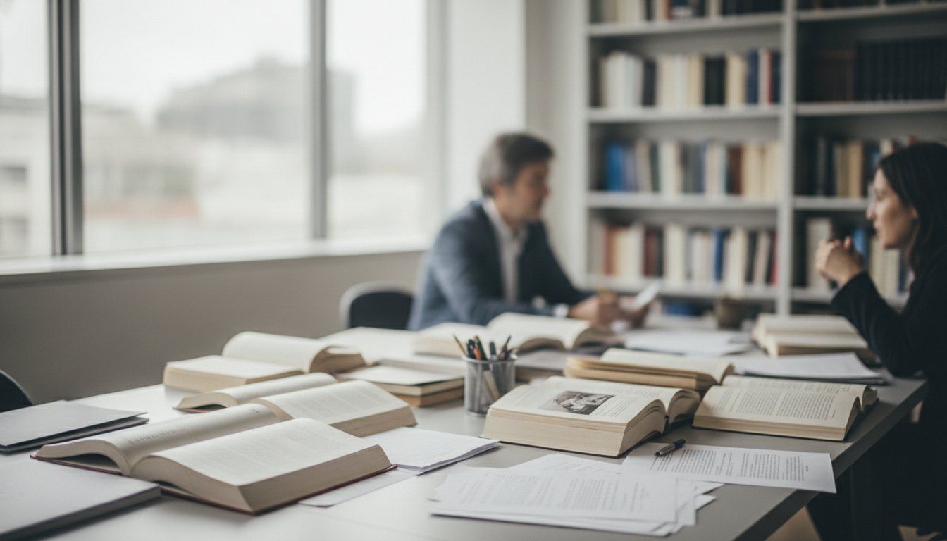 Duas pessoas conversam sentadas em uma mesa de escritório com livros e papéis espalhados.