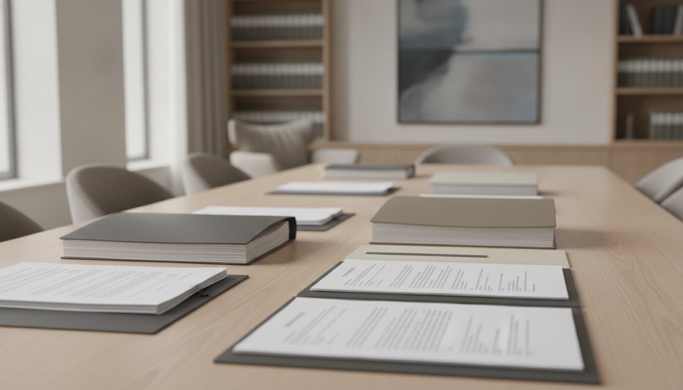 Profissionais sentados à mesa de reunião analisando documentos e contratos de trabalho impressos.