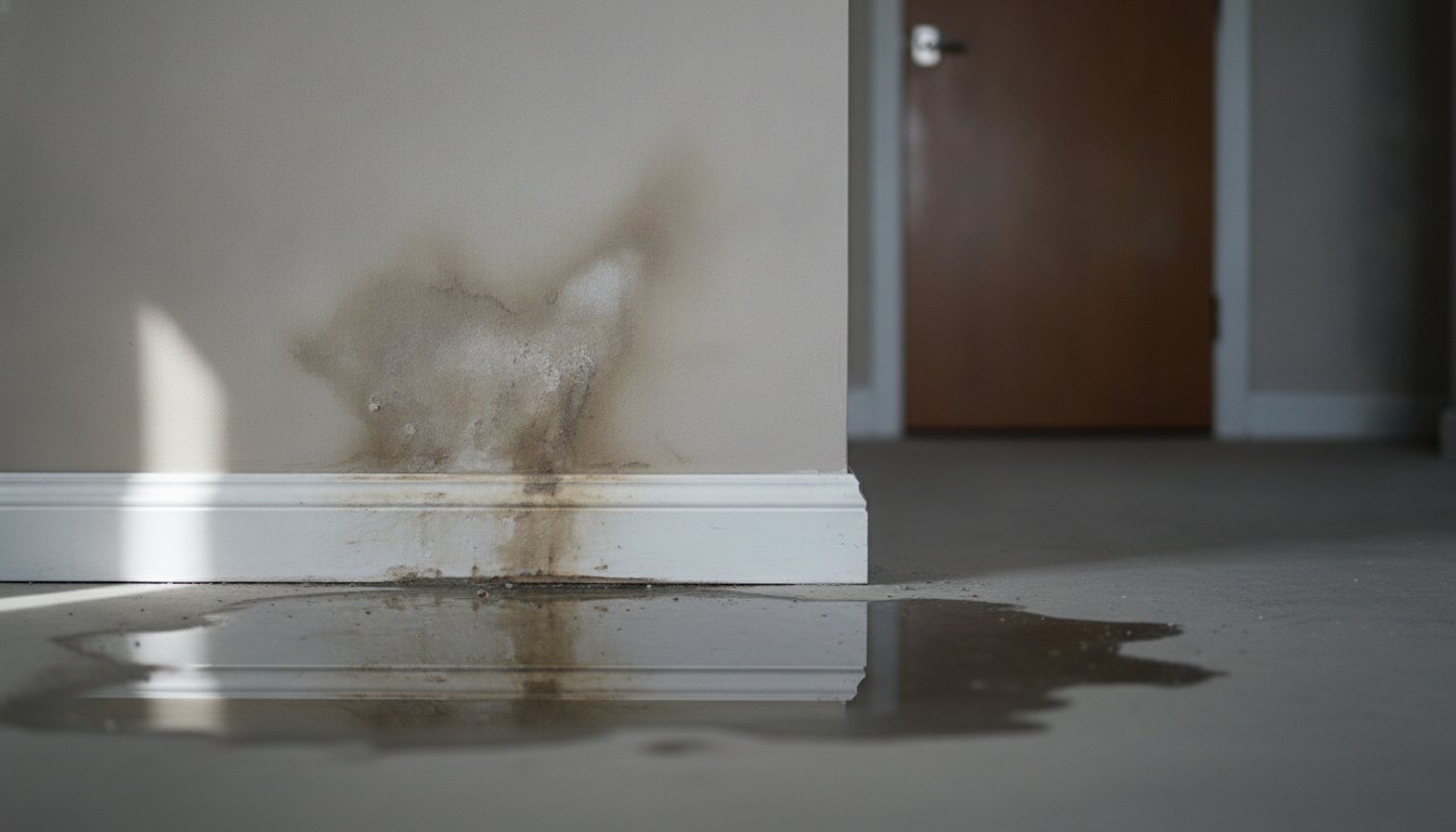 Parede com mancha de umidade próxima ao rodapé e piso molhado.