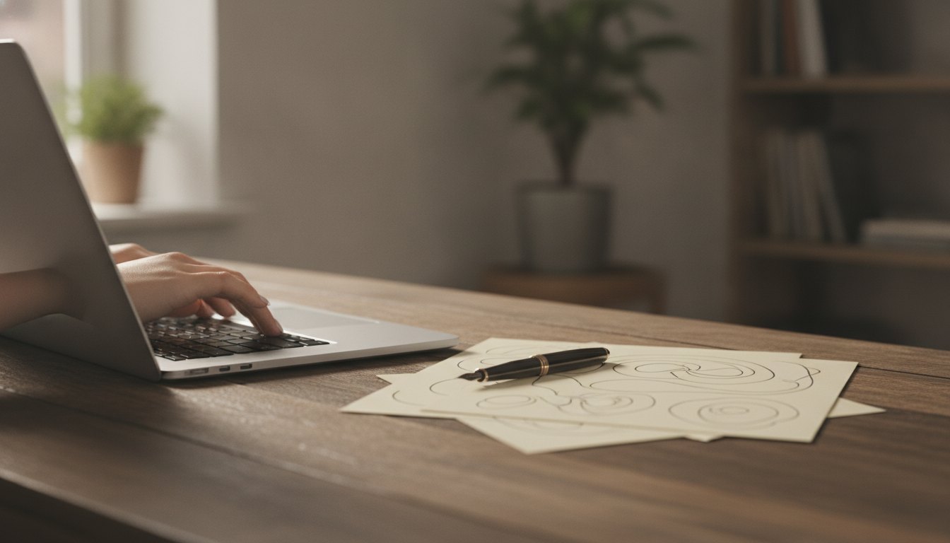 Mãos digitando em um notebook sobre mesa de madeira com papéis impressos e caneta ao lado.